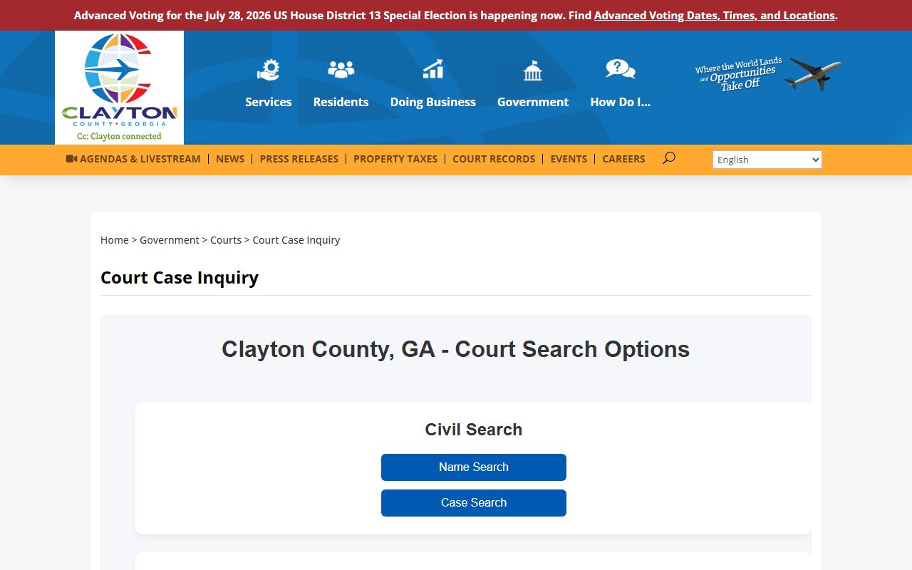 Clayton County court dockets Court Case Inquiry page