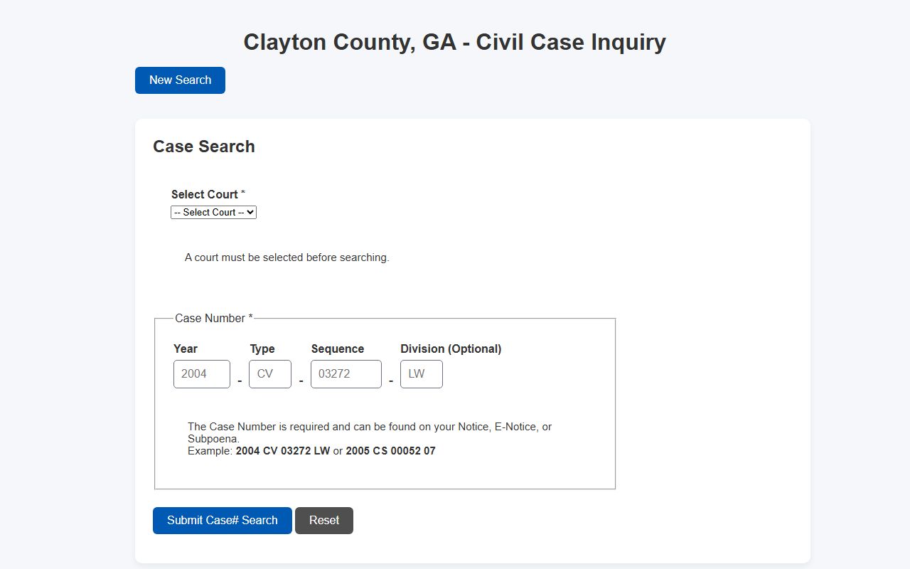 Clayton County court records civil case number search fields
