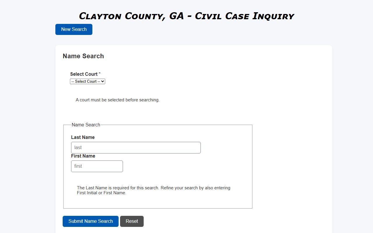Clayton County court records civil name search fields