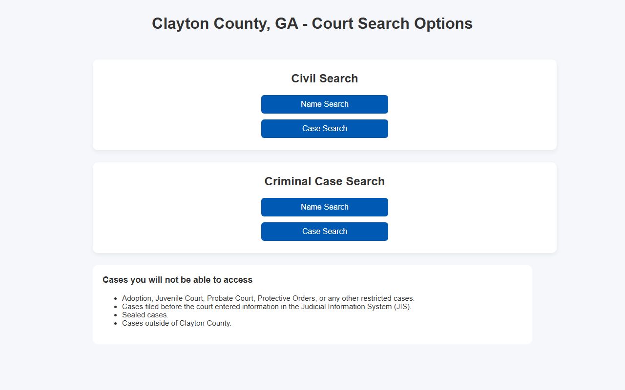 Clayton County court records Court Search Options screen