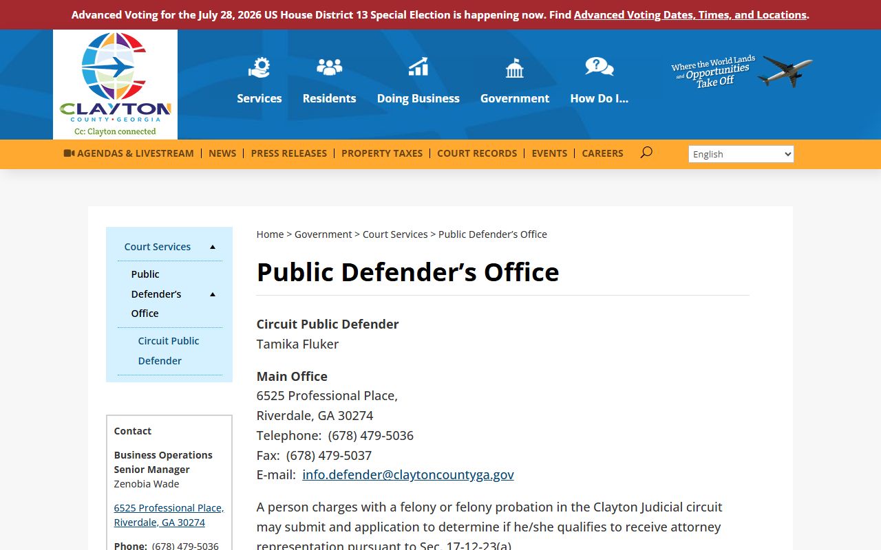 Clayton County criminal court records Public Defender office page
