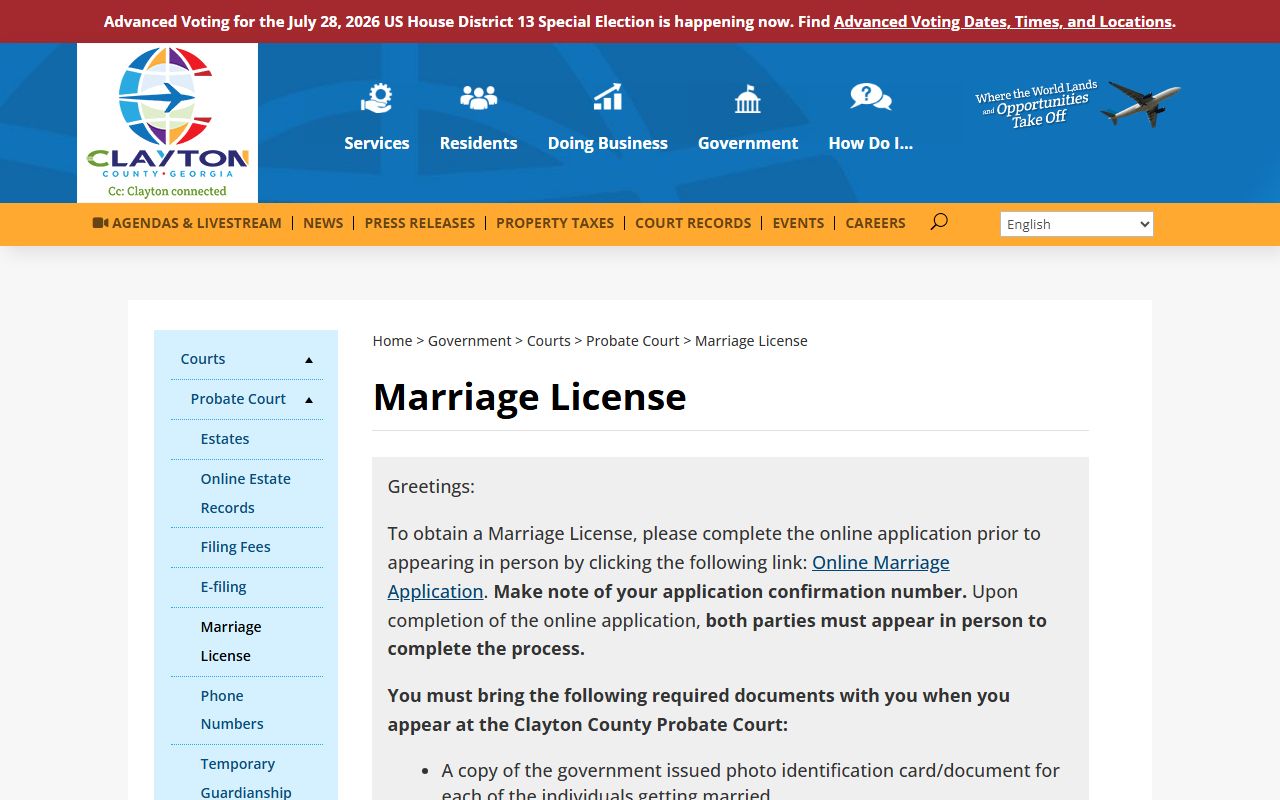 Clayton County Probate Court marriage license page