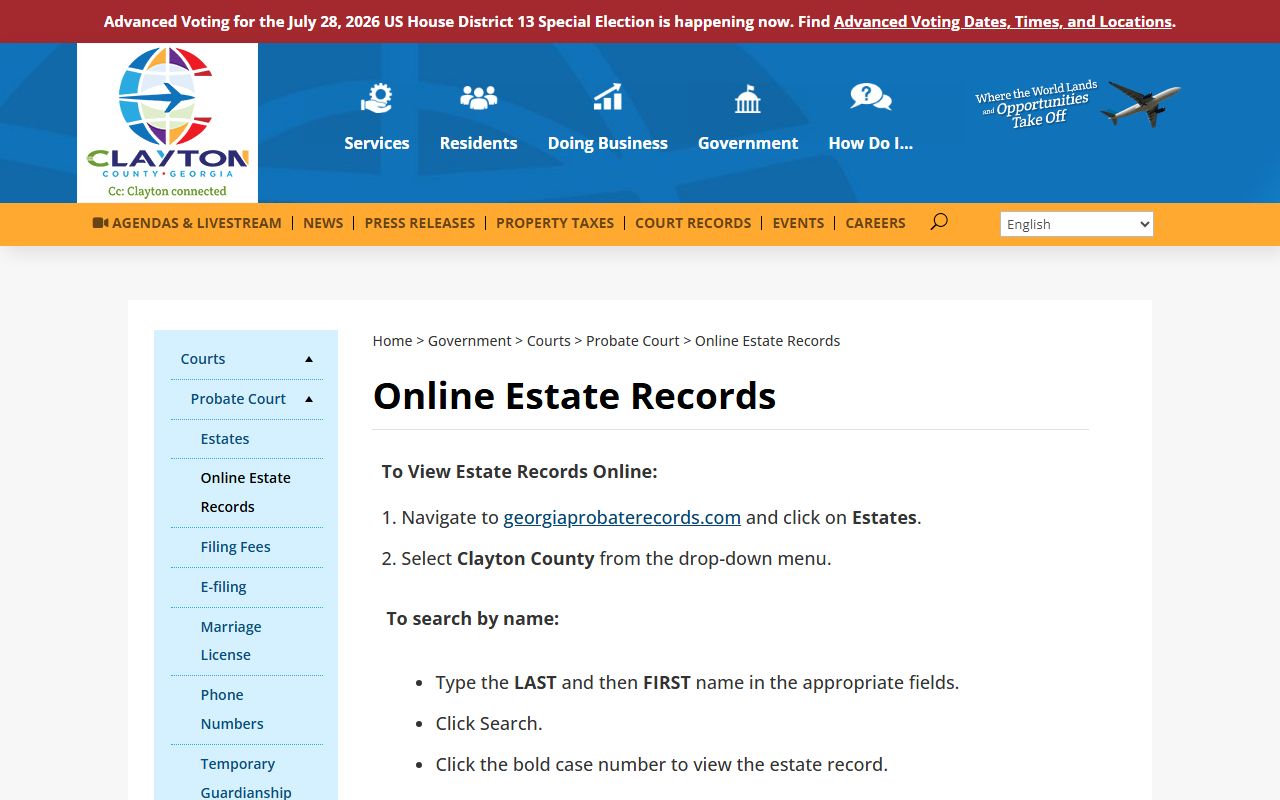 Clayton County Probate Court online estate records page