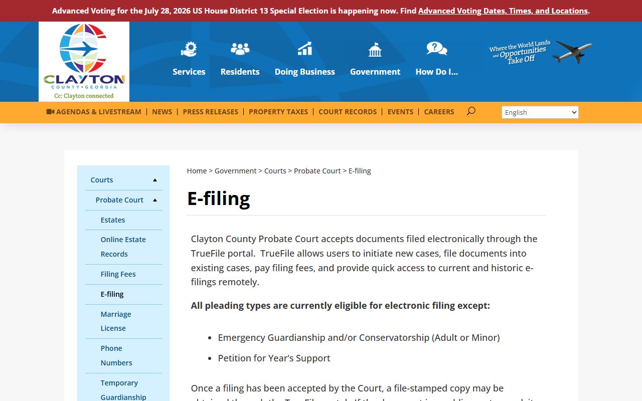 Clayton County Probate Court e-filing page
