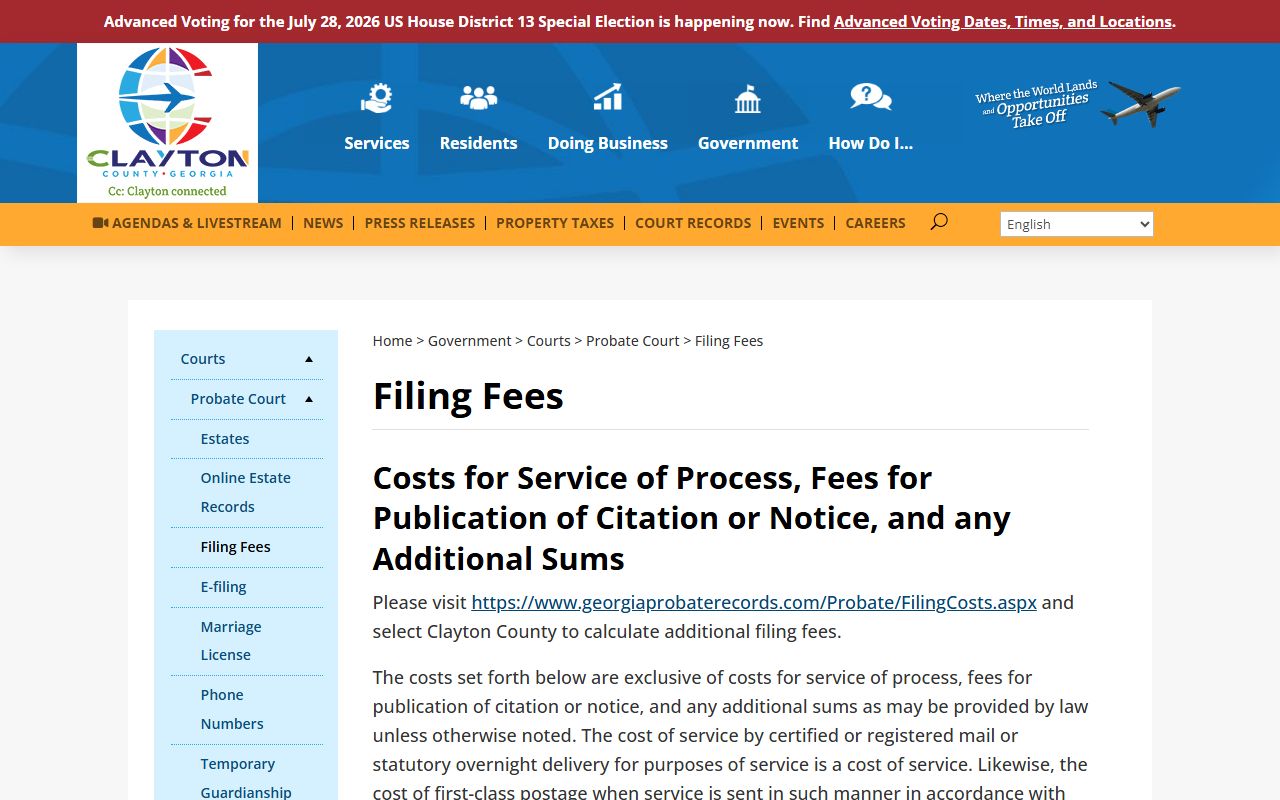 Clayton County Probate Court filing fees page