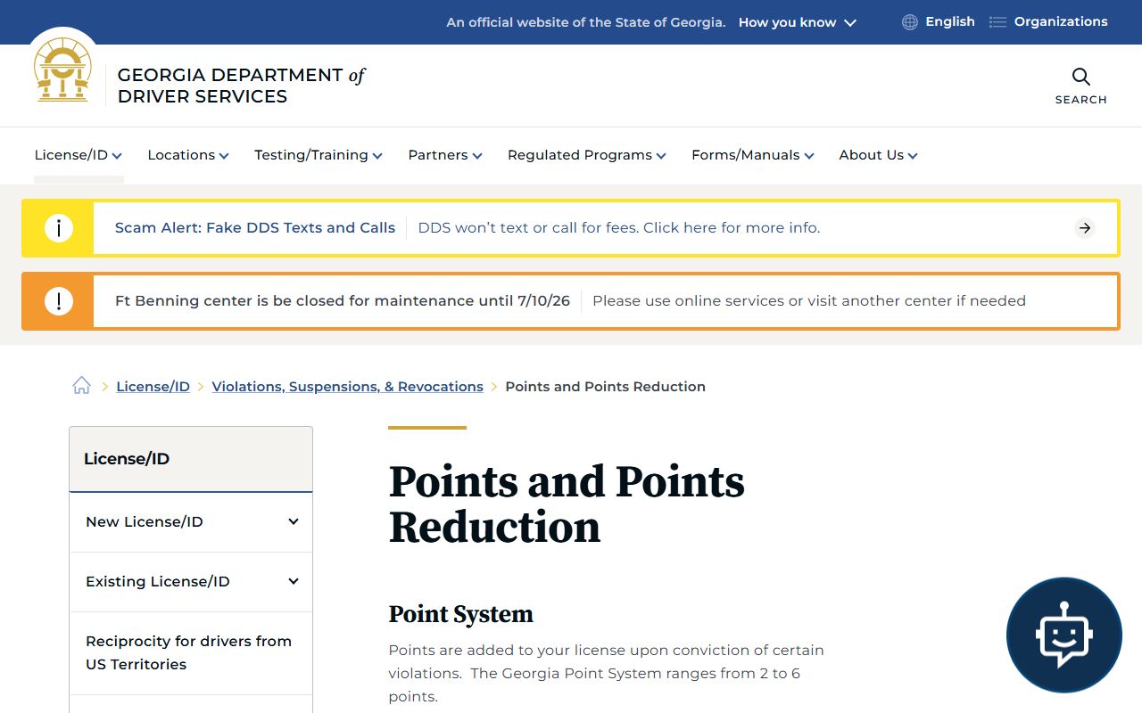 Georgia DDS points and points reduction page