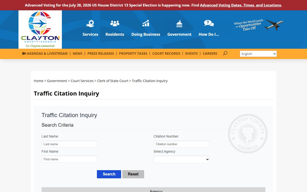 Clayton County traffic citation inquiry page